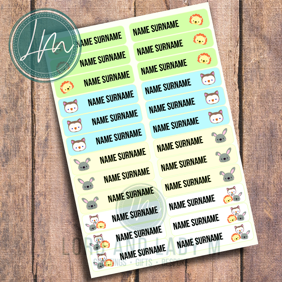 Vinyl Stick-on Name Labels - Colourful Cute Animals
