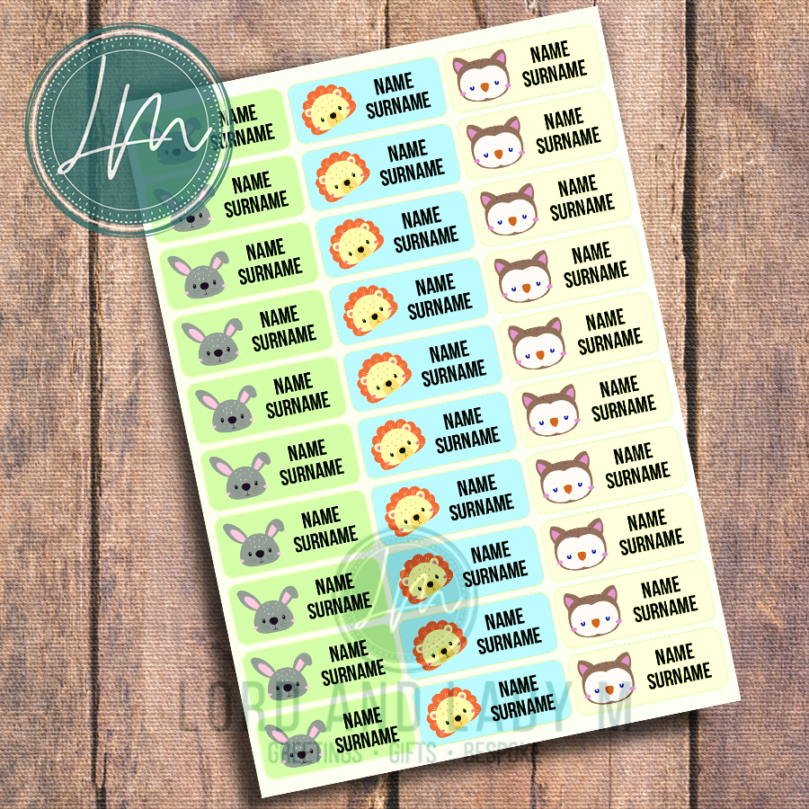 Vinyl Stick-on Name Labels - Colourful Cute Animals