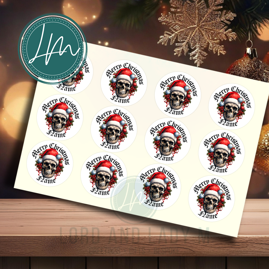 Personalised Christmas Stickers | Gothic Skull Christmas Santa