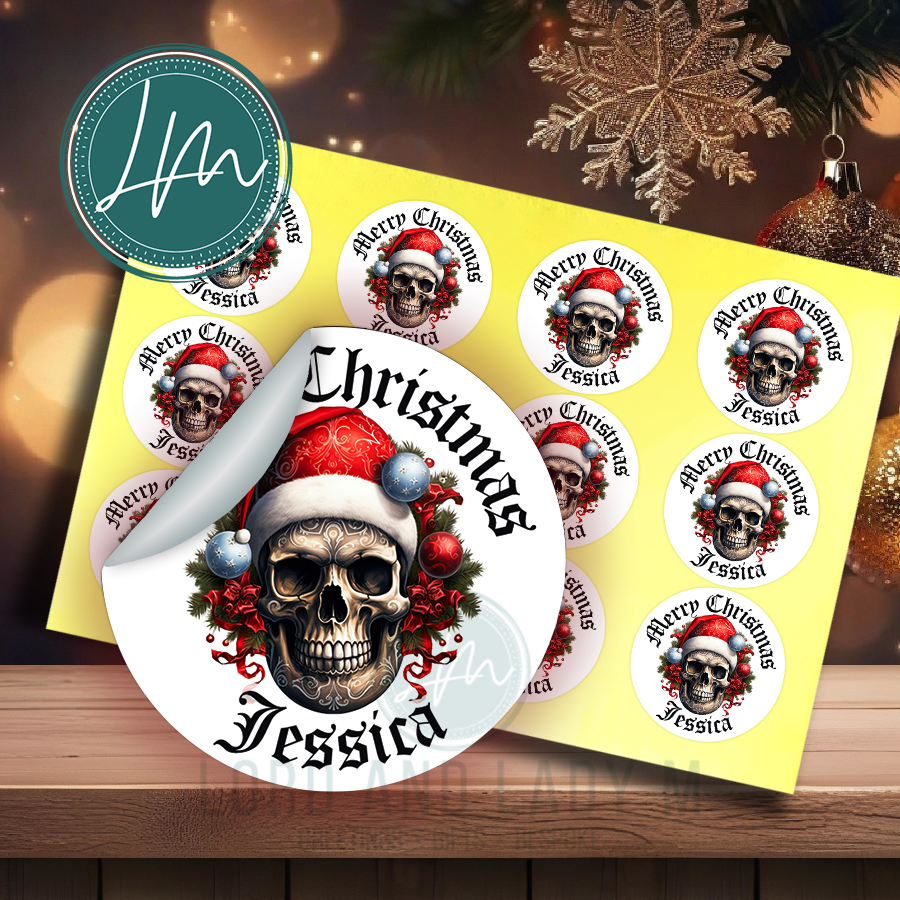 Personalised Christmas Stickers | Gothic Skull Christmas Santa