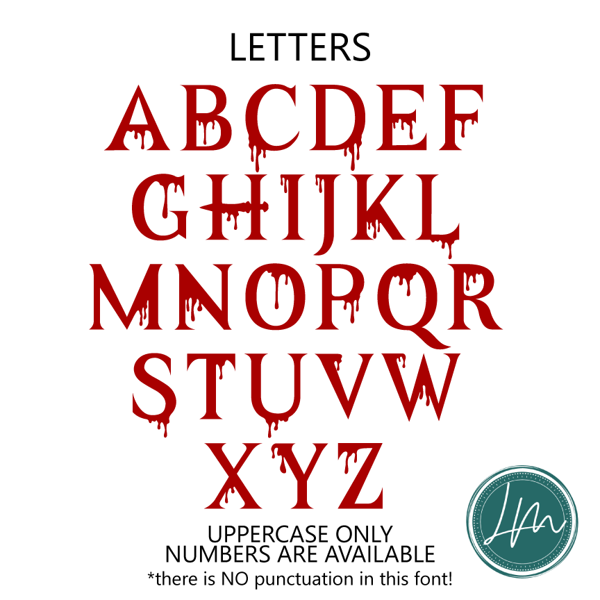 Full alphabet of personalised gothic font used for Halloween vinyl decals