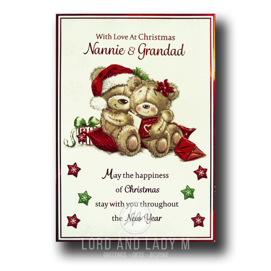 Christmas card for Nannie & Grandad featuring two teddy bears opening a card—one in a Santa hat, one with a red bow—surrounded by stars and a wrapped gift.