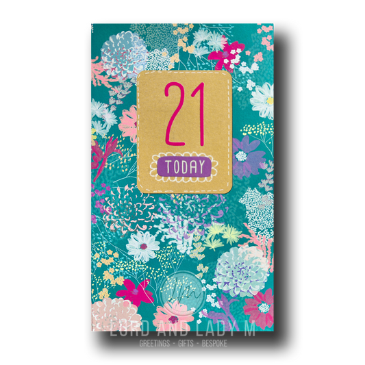 23cm - 21 Today - Teal Magenta Purple Flowers