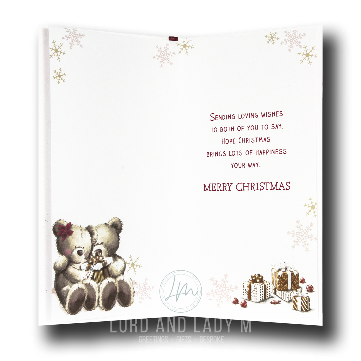 Christmas card with two teddy bears holding a heart, surrounded by snowflakes and gift illustrations, with a short verse message.