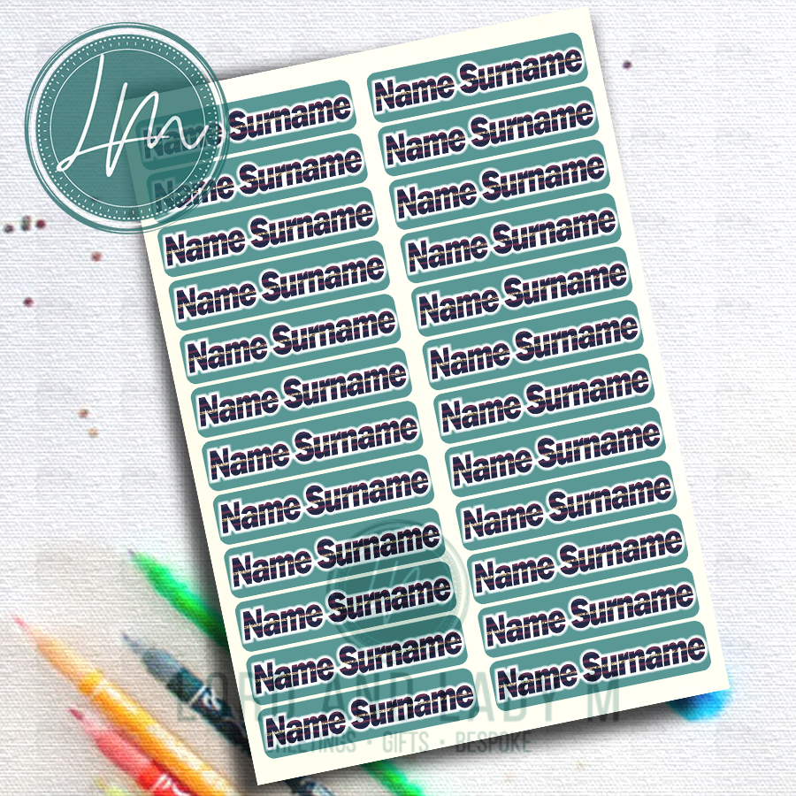 Vinyl Stick-on Name Labels - Navy Striped Text on Teal