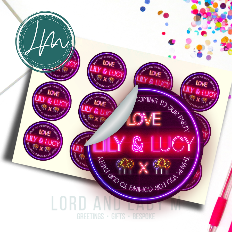 Personalised Birthday Party Stickers | Neon Sign Party