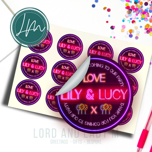 Personalised Birthday Party Stickers | Neon Sign Party