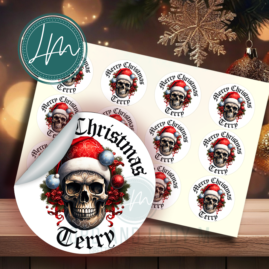 Personalised Christmas Stickers | Gothic Skull Christmas Santa