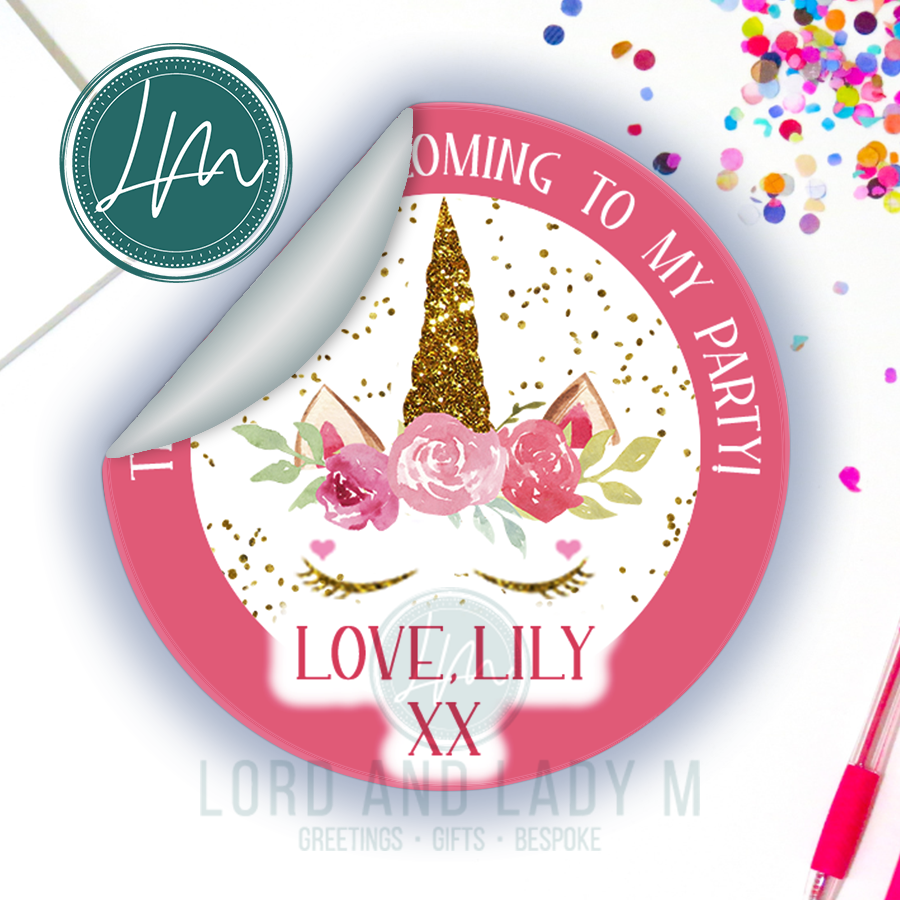 Personalised Birthday Party Stickers | Golden Unicorn Head