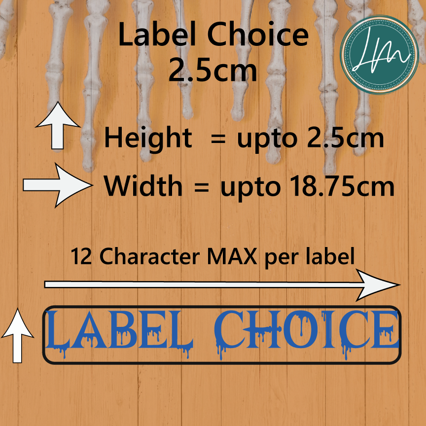 Halloween vinyl decal size information for a 2.5cm height label