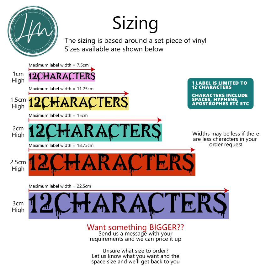 Halloween vinyl decal size chart showing width and height options up to 12 characters