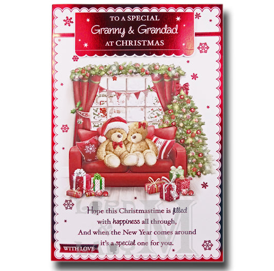 Christmas card to Granny & Grandad: two teddy bears on a red sofa next to a decorated tree and gifts, with a festive verse.