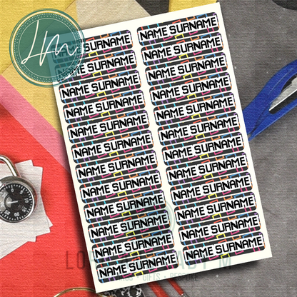 Vinyl Stick-on Name Labels - Colourful Squares on Black