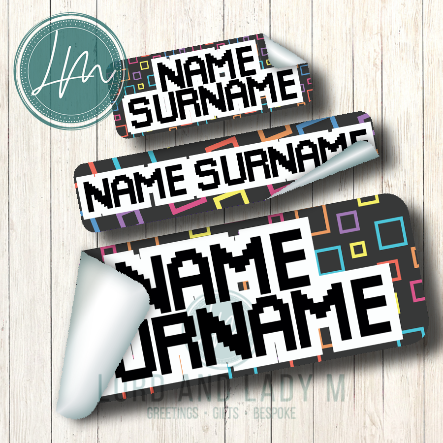 Vinyl Stick-on Name Labels - Colourful Squares on Black