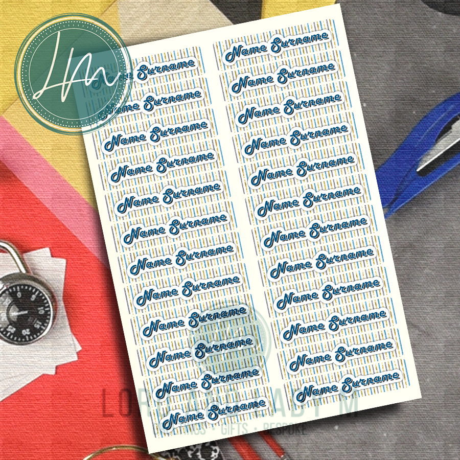 Vinyl Stick-on Name Labels - Blue Gold Stripes