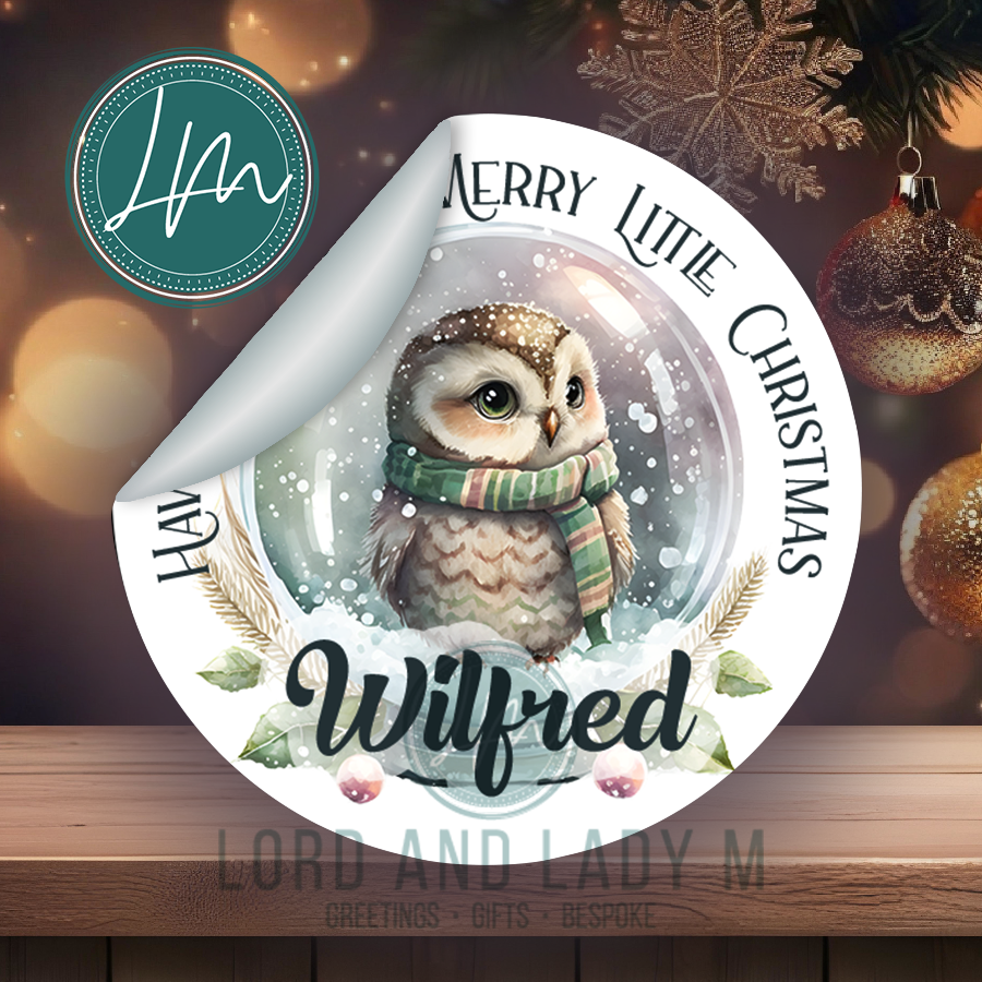 Personalised Christmas Stickers | Owl in a Snow Globe