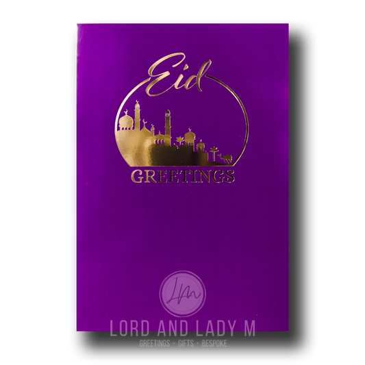 A purple Eid greeting card with gold text showing the a mosque silhouette.