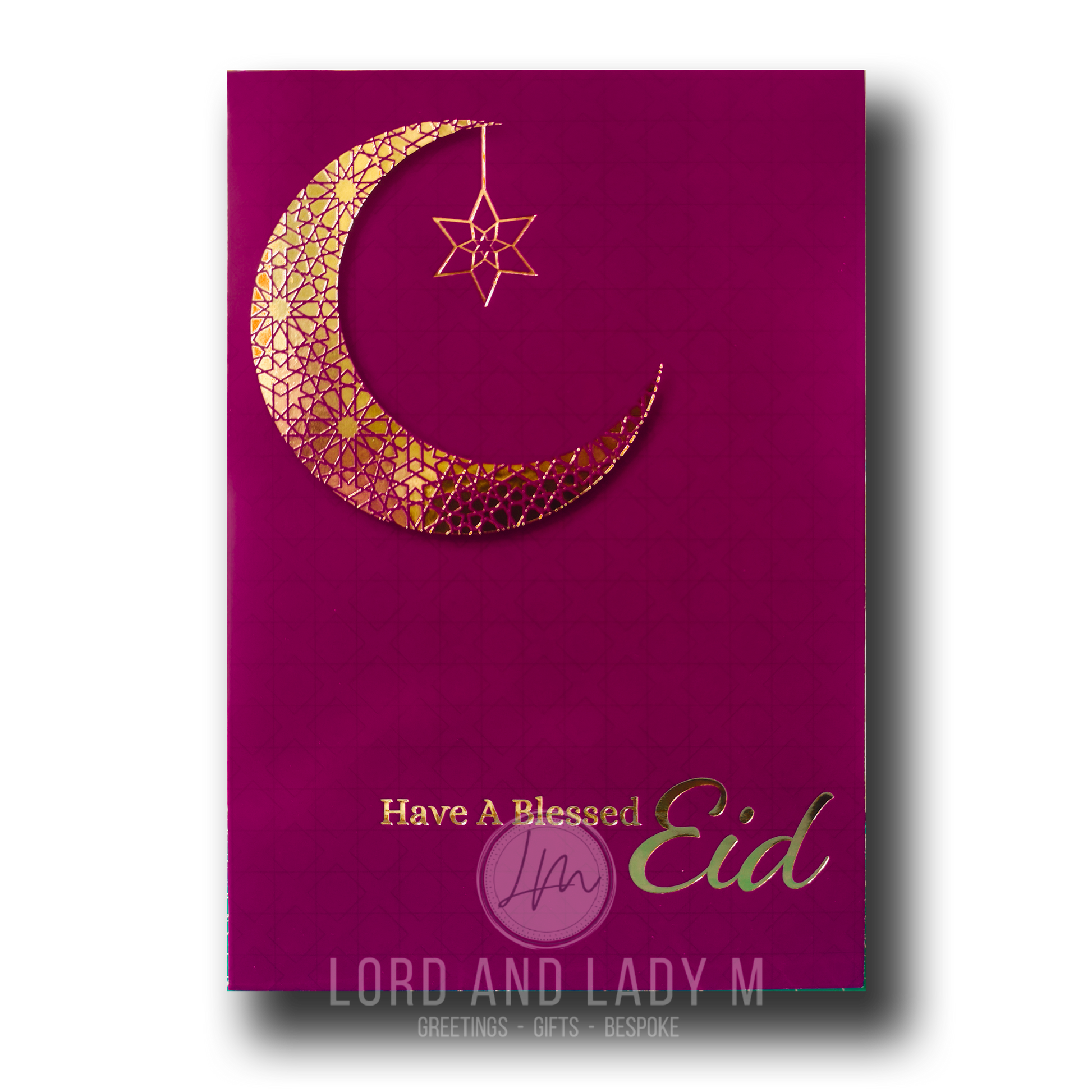 A purple and gold greeting card with a geometric crescent moon design and the text 'Have A Blessed Eid'.