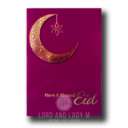 A purple and gold greeting card with a geometric crescent moon design and the text 'Have A Blessed Eid'.