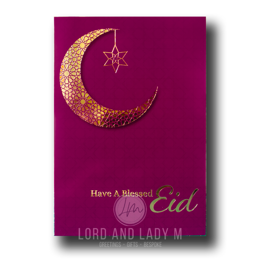 A purple and gold greeting card with a geometric crescent moon design and the text 'Have A Blessed Eid'.