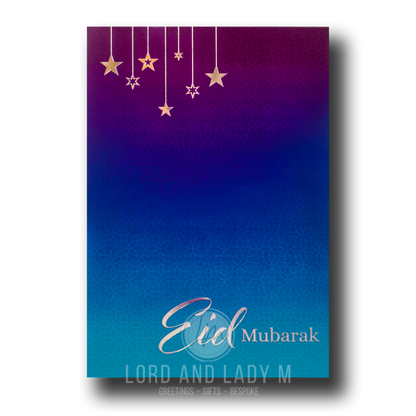 Eid Mubarak greeting card with a purple teal ombre background and gold accents, featuring the text 'Eid Mubarak' and hanging stars.