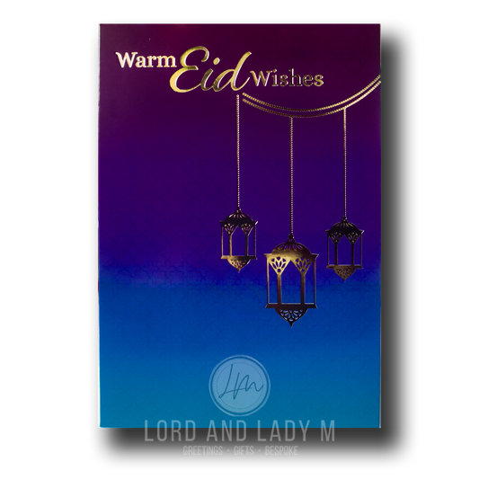 A greeting card with a purple teal ombre background and gold accents, featuring text 'Warm Eid Wishes' and hanging Eid lanterns.