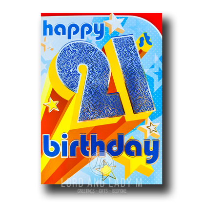 19cm - Happy 21st Birthday - Red Blue Yellow Stars