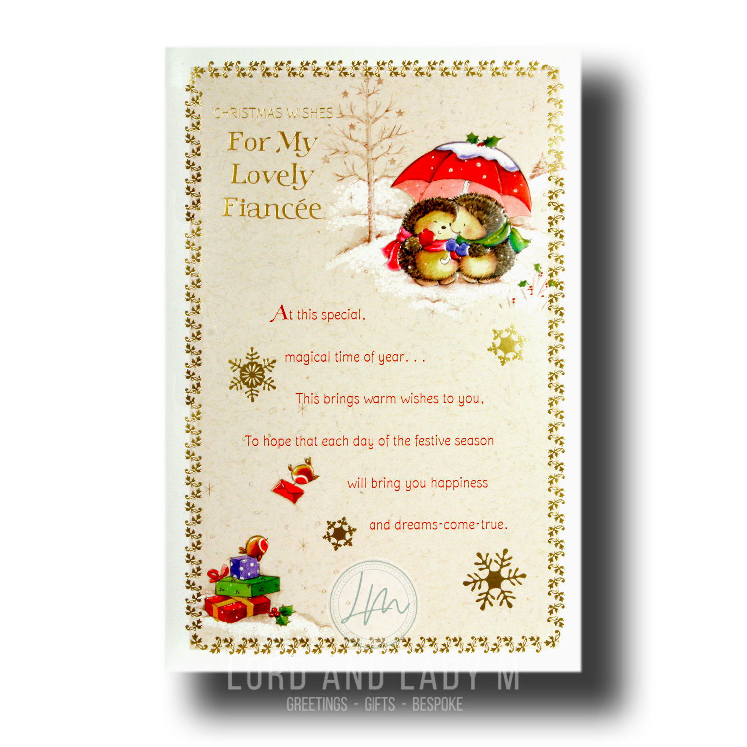 Christmas card for fiancée featuring two hedgehogs under a red umbrella in a snowy woodland scene