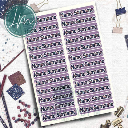 Vinyl Stick-on Name Labels - Navy Striped Text on Lilac