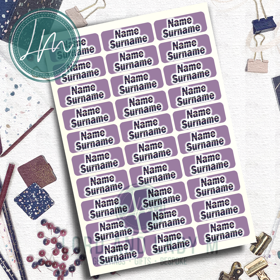 Vinyl Stick-on Name Labels - Navy Striped Text on Lilac