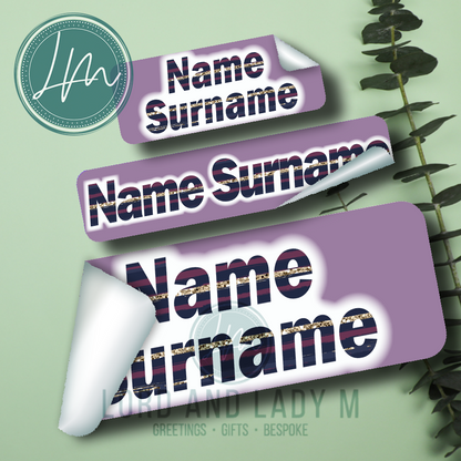 Vinyl Stick-on Name Labels - Navy Striped Text on Lilac