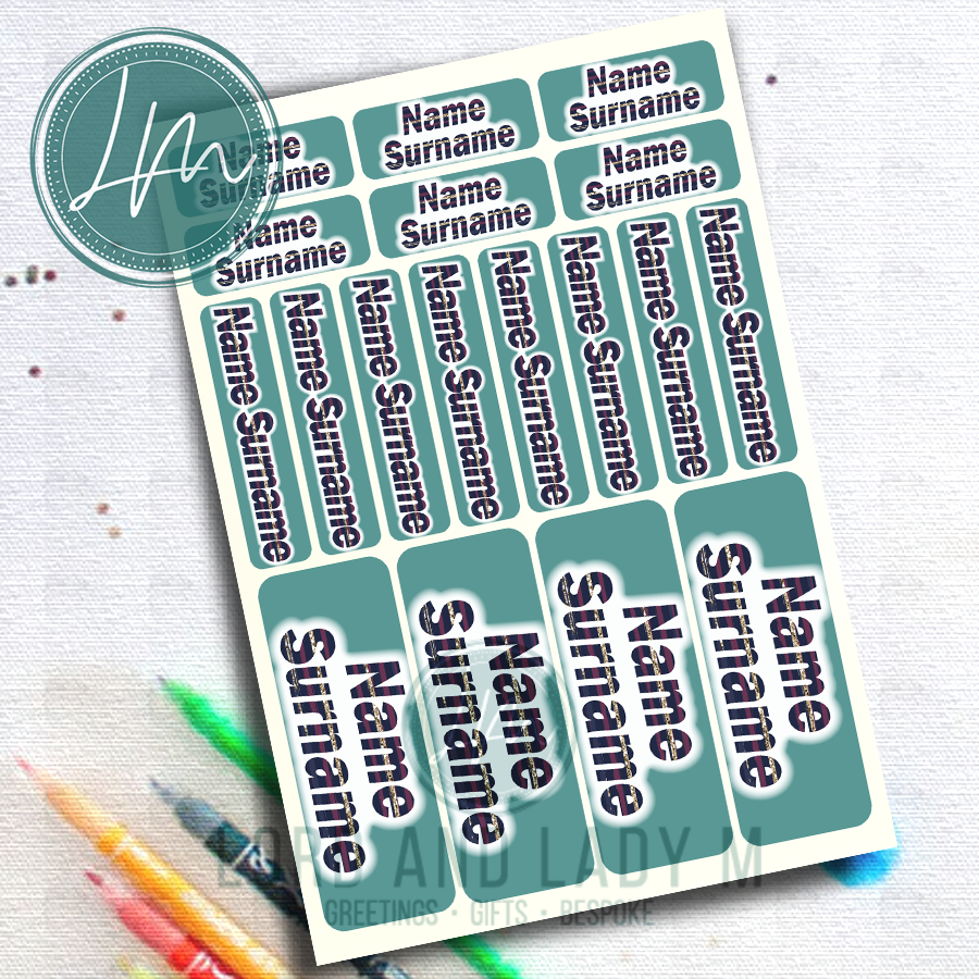 Vinyl Stick-on Name Labels - Navy Striped Text on Teal