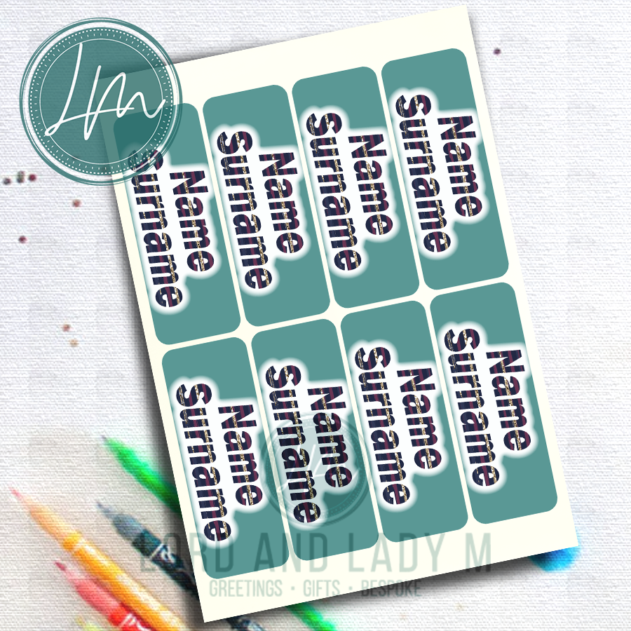 Vinyl Stick-on Name Labels - Navy Striped Text on Teal