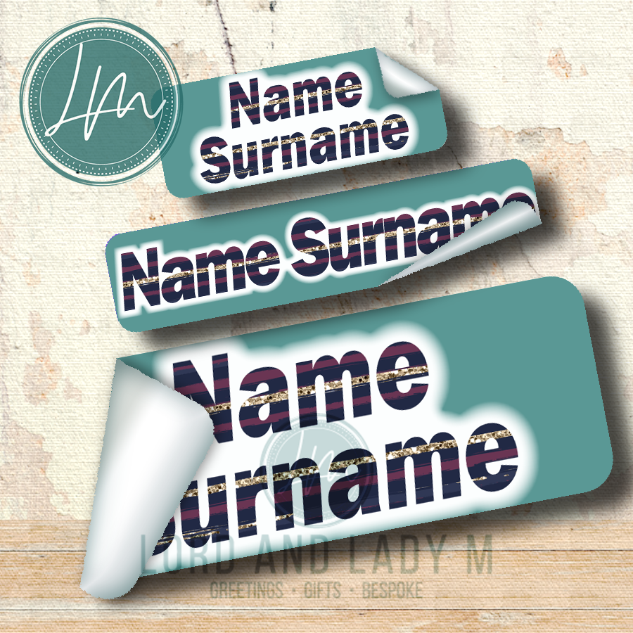 Vinyl Stick-on Name Labels - Navy Striped Text on Teal