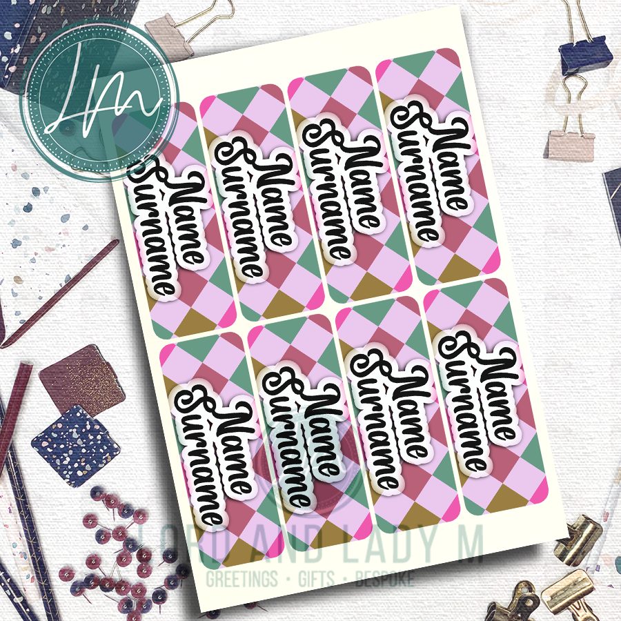 Vinyl Stick-on Name Labels - Pink Teal Brown Diamonds