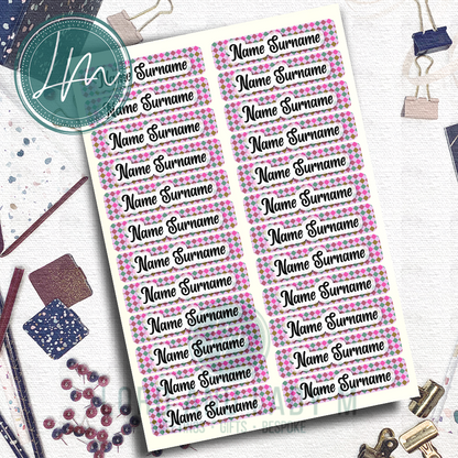 Vinyl Stick-on Name Labels - Pink Teal Brown Diamonds