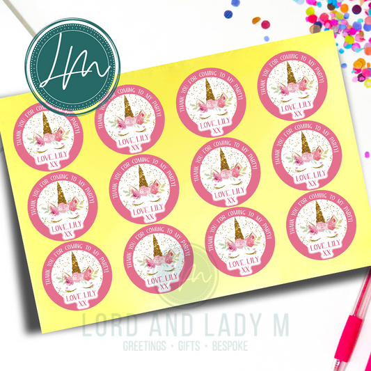 Personalised Birthday Party Stickers | Golden Unicorn Head