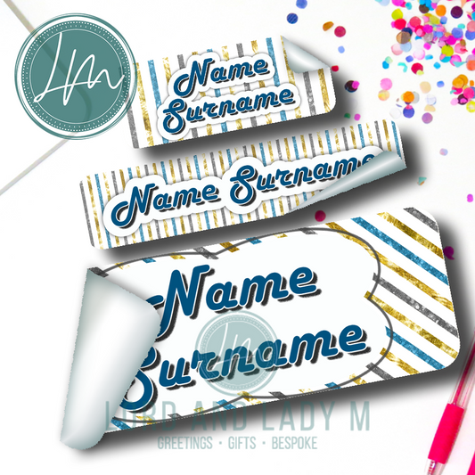 Vinyl Stick-on Name Labels - Blue Gold Stripes