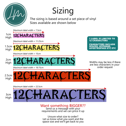 Halloween vinyl decal size chart showing width and height options up to 12 characters