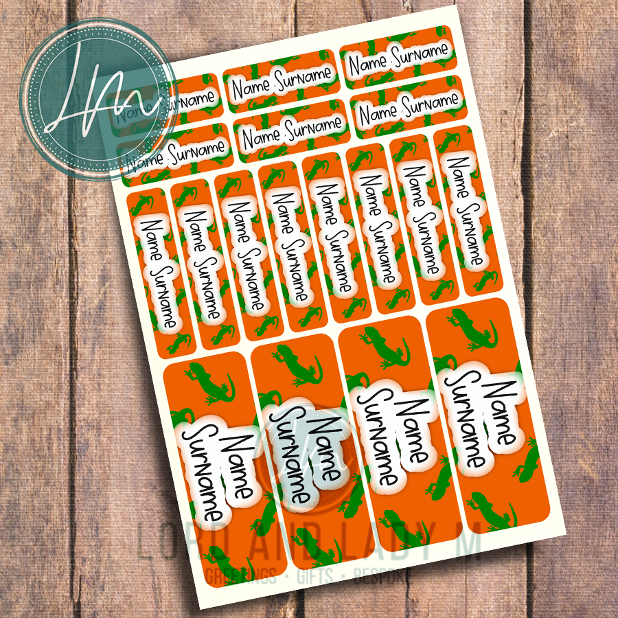 Vinyl Stick-on Name Labels - Orange Green Lizard