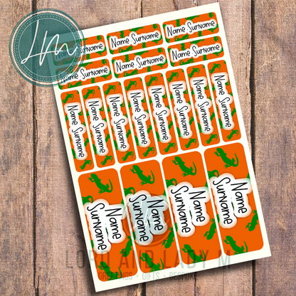 Vinyl Stick-on Name Labels - Orange Green Lizard