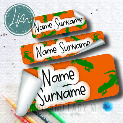 Vinyl Stick-on Name Labels - Orange Green Lizard