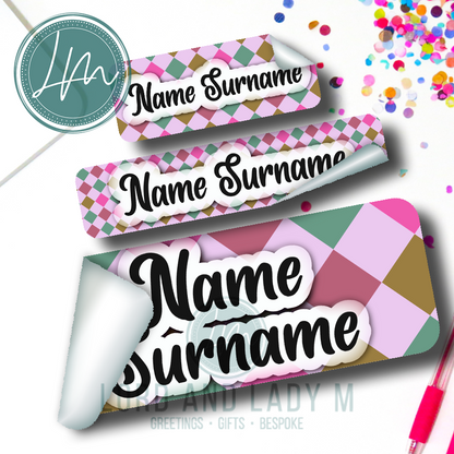 Vinyl Stick-on Name Labels - Pink Teal Brown Diamonds