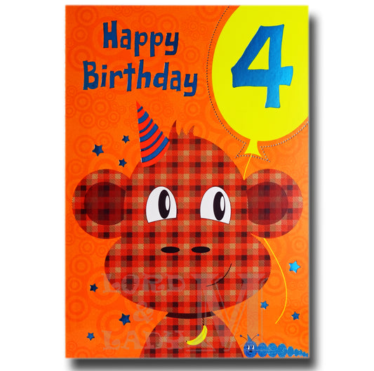 19cm - Happy Birthday 4 - Checked Monkey - E