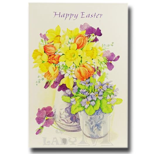 15cm - Happy Easter - Flowers In 2 Vases - E