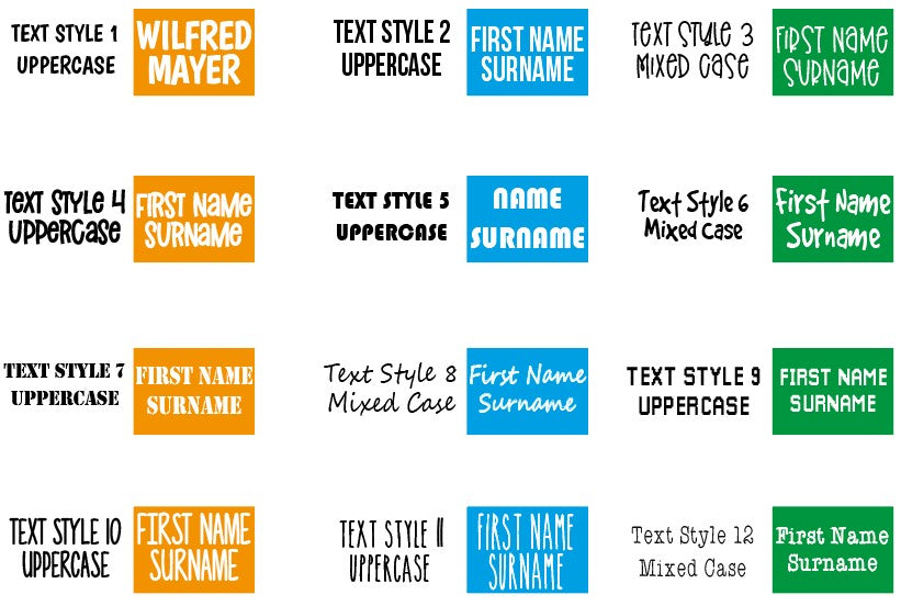 Iron on clothing labels - image showing the different text style choices